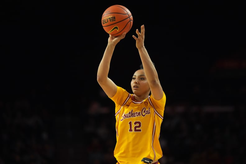 LOS ANGELES, CALIFORNIA - FEBURARY 23: Southern California Trojans guard JuJu Watkins (12) shoots the ball during a NCAA college women's basketball game against the Colorado Buffaloes on February 23, 2024 in Los Angeles, California. USC defeated Colorado 